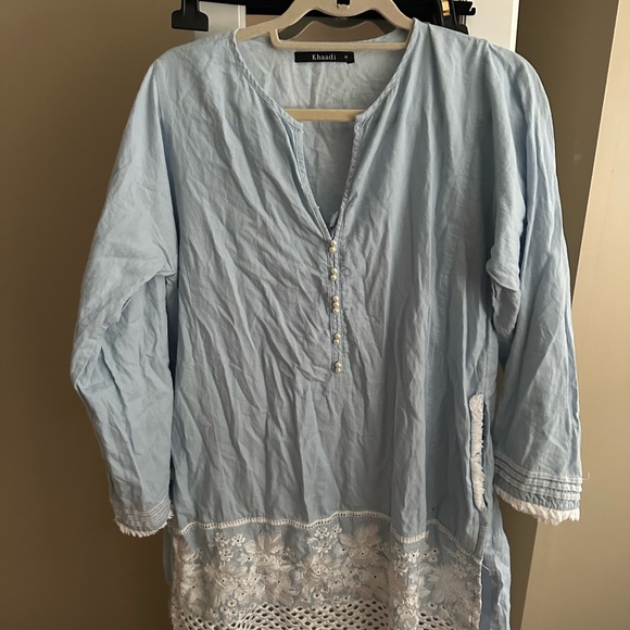 2/$10 adorable blue and white cover up with pearls and lace - Picture 2 of 5